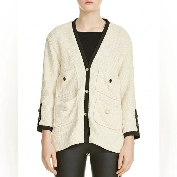 MAJE Vega Grosgrain-trimmed Cotton-tweed Jacket In Ecru - Picture 1 of 16